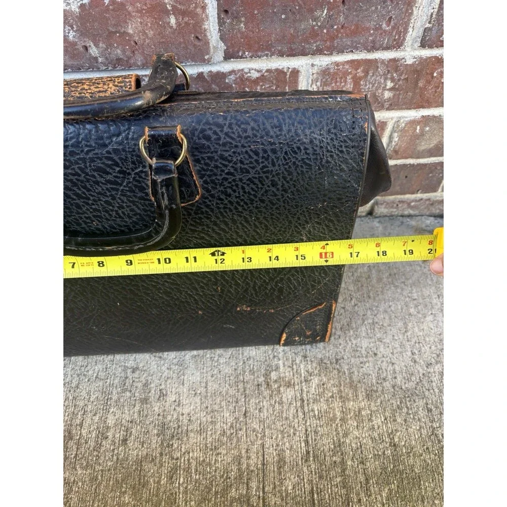 Antique Doctor Bag Physicians Black Pebble Grain Leather Art Deco Brass MCM Vtg